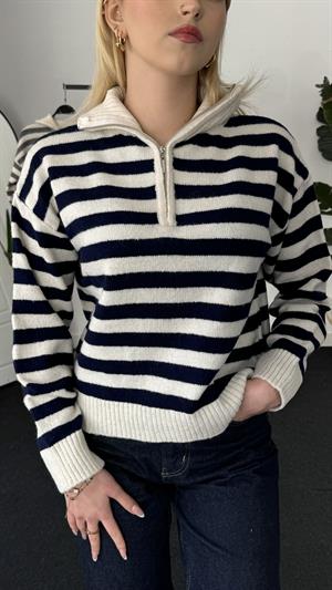 Polo Yaka Fermuarlı Çizgi Detaylı Triko Kazak Lacivert