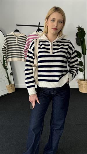 Polo Yaka Fermuarlı Çizgi Detaylı Triko Kazak Lacivert