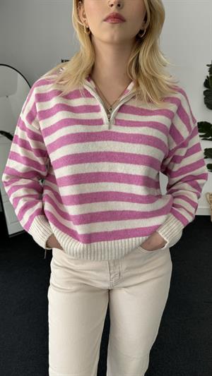 Polo Yaka Fermuarlı Çizgi Detaylı Triko Kazak Pembe 