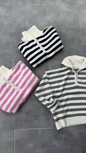 Polo Yaka Fermuarlı Çizgi Detaylı Triko Kazak Gri