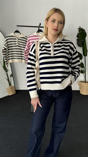 Polo Yaka Fermuarlı Çizgi Detaylı Triko Kazak Lacivert