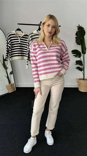 Polo Yaka Fermuarlı Çizgi Detaylı Triko Kazak Pembe 