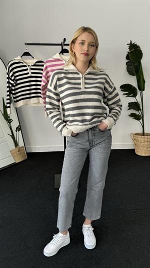 Polo Yaka Fermuarlı Çizgi Detaylı Triko Kazak Gri