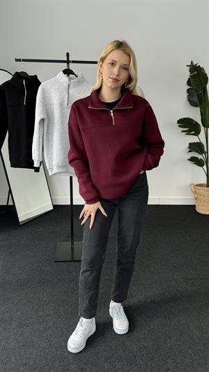 Polo Yaka Fermuarlı Sweat Bordo