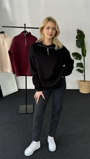 Polo Yaka Fermuarlı Sweat Siyah 