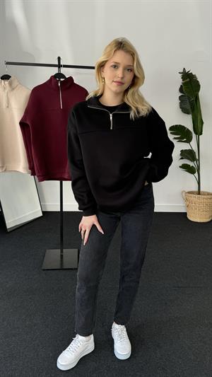 Polo Yaka Fermuarlı Sweat Siyah 