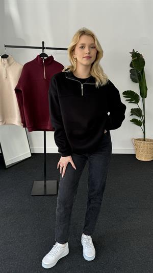 Polo Yaka Fermuarlı Sweat Siyah 