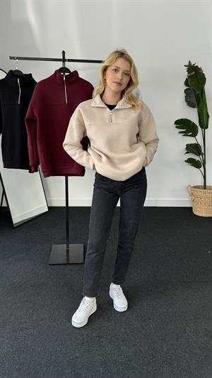 Polo Yaka Fermuarlı Sweat Taş