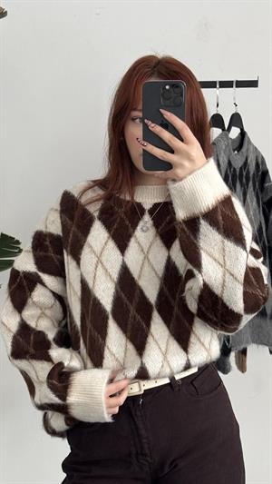 Sakallı Kumaş Balaklava Kazak Krem/Kahve