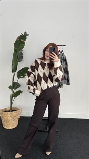 Sakallı Kumaş Balaklava Kazak Krem/Kahve