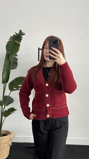 Sakallı Kumaş Gold Detay Hırka Bordo