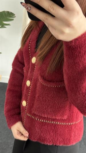 Sakallı Kumaş Gold Detay Hırka Bordo