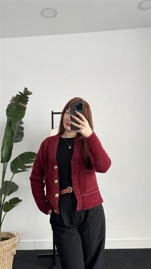 Sakallı Kumaş Gold Detay Hırka Bordo