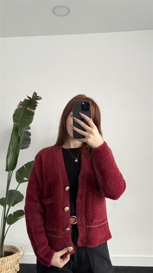 Sakallı Kumaş Gold Detay Hırka Bordo