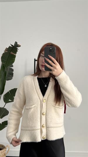 Sakallı KumaşGold Detay Hırka Beyaz