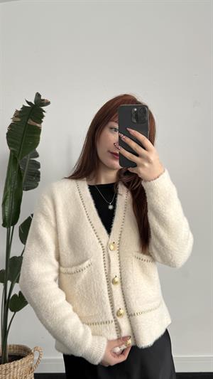 Sakallı KumaşGold Detay Hırka Beyaz