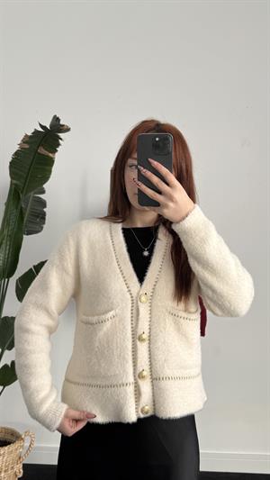 Sakallı KumaşGold Detay Hırka Beyaz