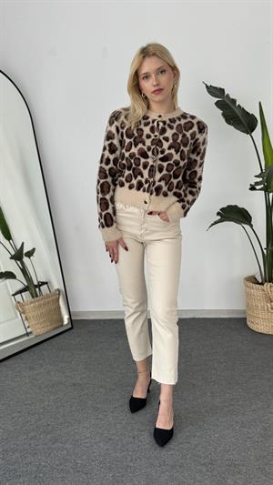 Sakallı Leopar Desenli Düğme Detaylı Hırka 