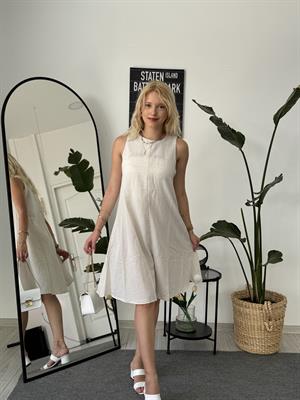 Sıfır Kol Volanlı Ham Keten Elbise Krem 