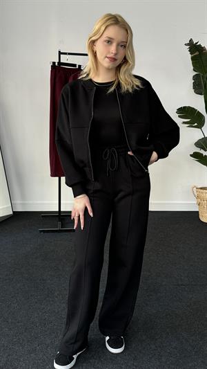 Ters Dikiş Detaylı Üç İplik Şardonlu Eşofman Takımı Siyah