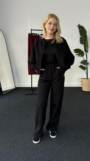 Ters Dikiş Detaylı Üç İplik Şardonlu Eşofman Takımı Siyah