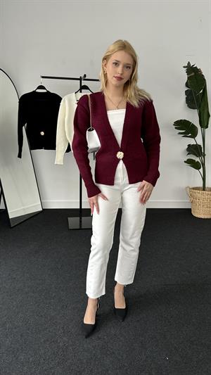 Ters Dikişli Tek Düğmeli Hırka Bordo