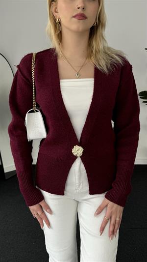 Ters Dikişli Tek Düğmeli Hırka Bordo