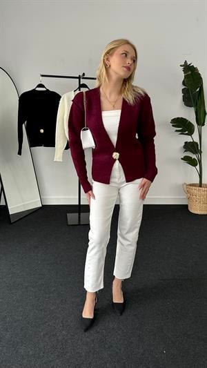 Ters Dikişli Tek Düğmeli Hırka Bordo