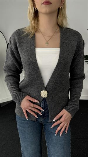 Ters Dikişli Tek Düğmeli Hırka Füme 