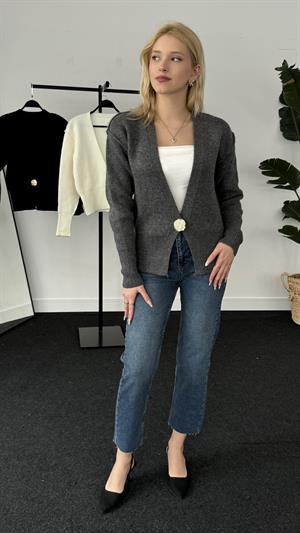 Ters Dikişli Tek Düğmeli Hırka Füme 