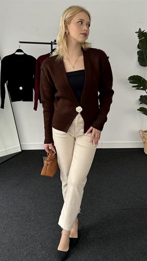 Ters Dikişli Tek Düğmeli Hırka Kahverengi