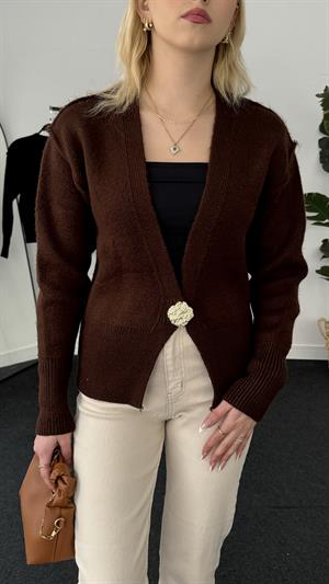 Ters Dikişli Tek Düğmeli Hırka Kahverengi