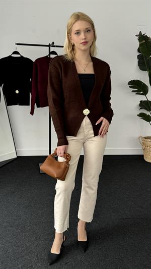 Ters Dikişli Tek Düğmeli Hırka Kahverengi