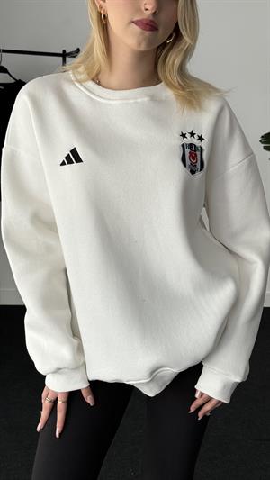 Üç Büyükler Armalı Nakışlı Üç İplik Şardonlu Sweat Beşiktaş Beyaz