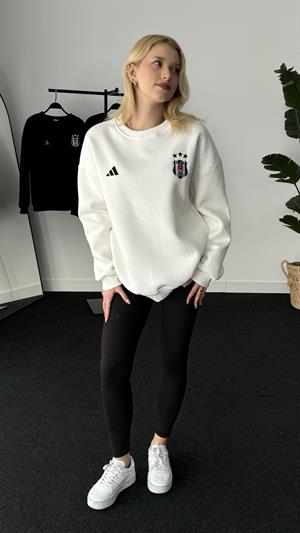 Üç Büyükler Armalı Nakışlı Üç İplik Şardonlu Sweat Beşiktaş Beyaz