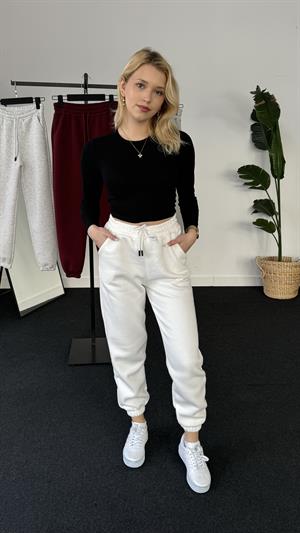 Üç İplik Şardonlu Beli Paçası Lastikli Esofman Beyaz