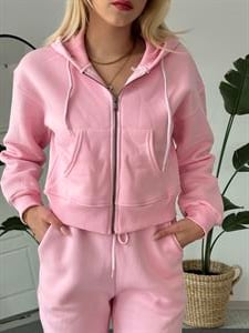 Üç İplik Şardonlu Crop Hırka Pembe 