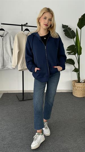 Üç İplik Şardonlu Kapşonlu Fermuarlı Sweat Lacivert