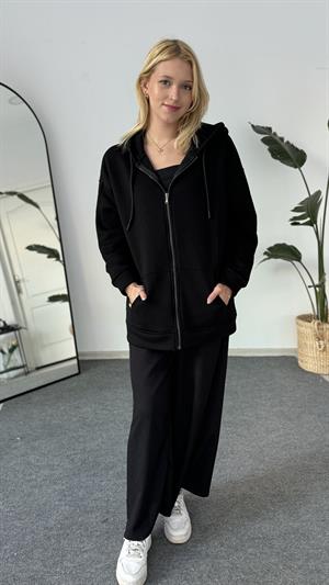 Üç İplik Şardonlu Kapşonlu Fermuarlı Sweat Siyah