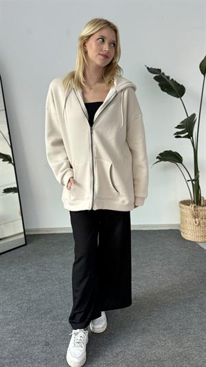 Üç İplik Şardonlu Kapşonlu Fermuarlı Sweat Taş