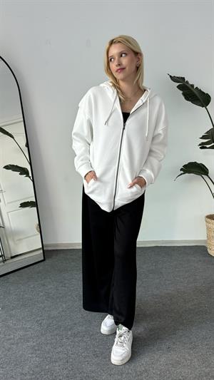 Üç İplik Şardonlu Kapşonlu Fermuarlı Sweat Beyaz
