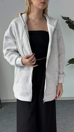 Üç İplik Şardonlu Kapşonlu Fermuarlı Sweat Gri 