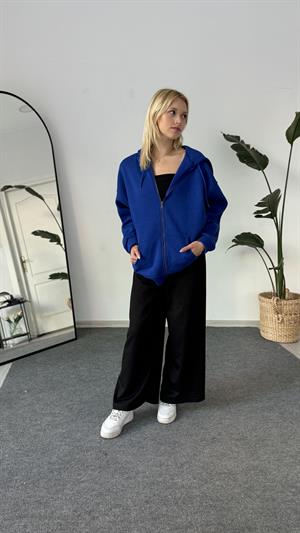 Üç İplik Şardonlu Kapşonlu Fermuarlı Sweat Lacivert