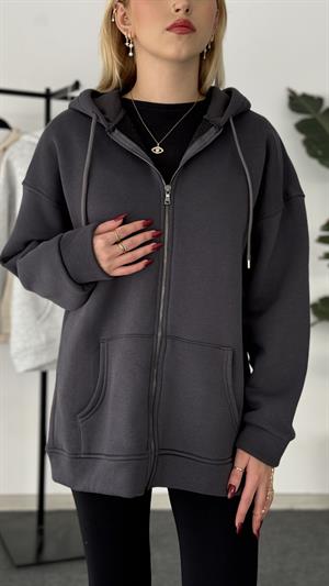 Üç İplik Şardonlu Kapşonlu Fermuarlı Sweat Antrasit