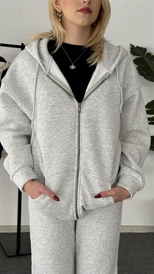 Üç İplik Şardonlu Kapşonlu Fermuarlı Sweat Gri