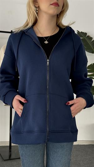 Üç İplik Şardonlu Kapşonlu Fermuarlı Sweat Lacivert