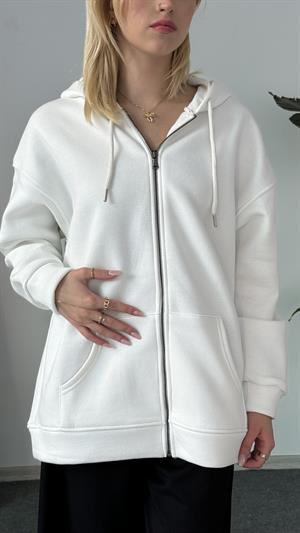 Üç İplik Şardonlu Kapşonlu Fermuarlı Sweat Beyaz
