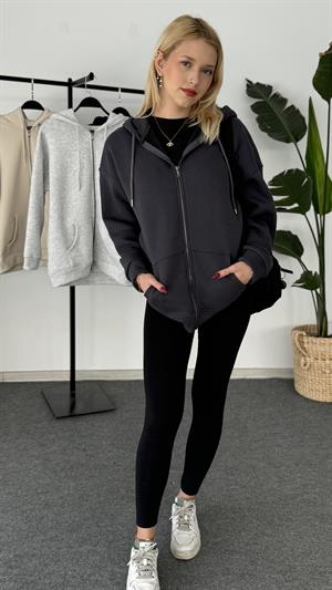 Üç İplik Şardonlu Kapşonlu Fermuarlı Sweat Antrasit