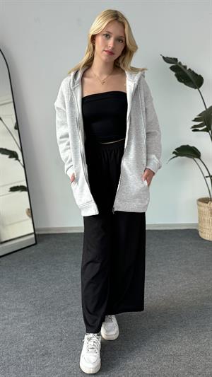 Üç İplik Şardonlu Kapşonlu Fermuarlı Sweat Gri 