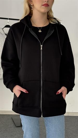 Üç İplik Şardonlu Kapşonlu Fermuarlı Sweat Siyah
